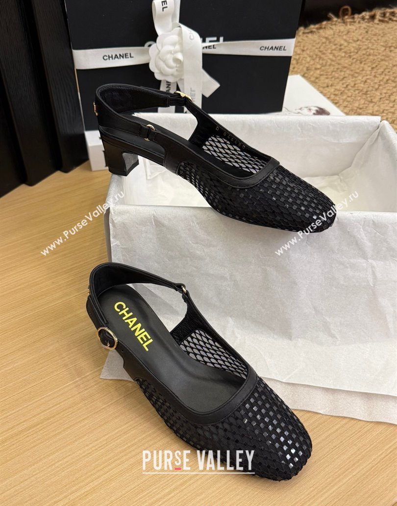Chanel Fishnet Calfskin Heel Slingback Pumps Black 2025 CH041510 (MD-250415139)