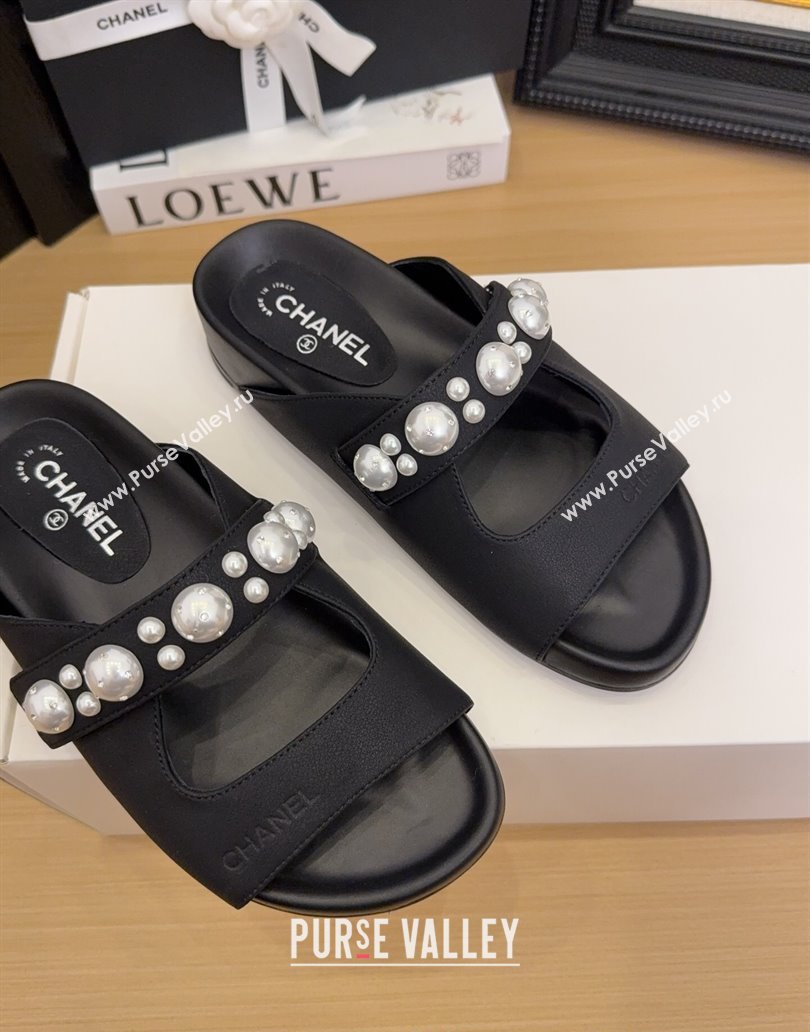 Chanel Calfskin Flat Slides Sandal with Pearls Black 2025 CH041501 (MD-250415018)