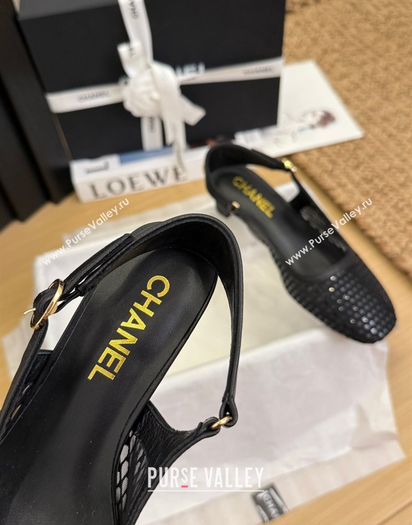 Chanel Fishnet Calfskin Heel Slingback Pumps Black 2025 CH041510 (MD-250415139)