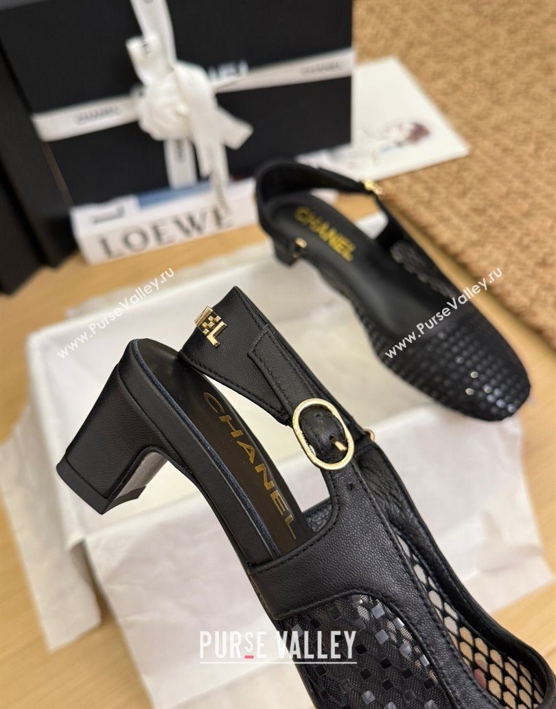 Chanel Fishnet Calfskin Heel Slingback Pumps Black 2025 CH041510 (MD-250415139)