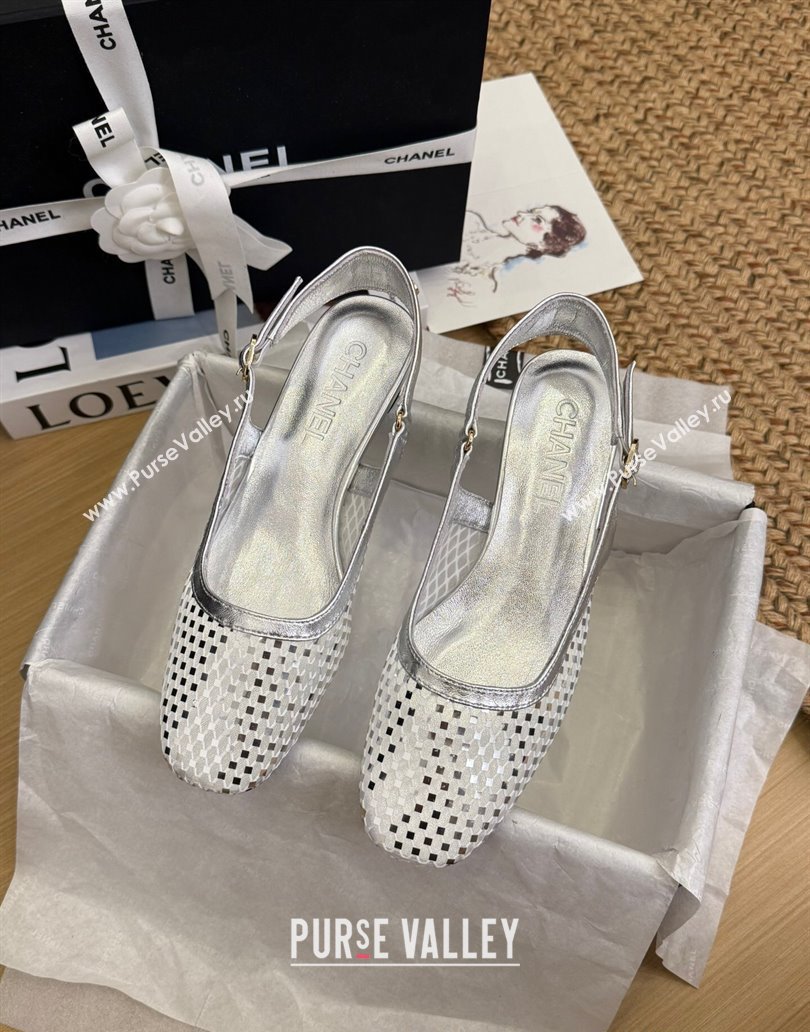 Chanel Fishnet Calfskin Heel Slingback Pumps Silver 2025 CH041510 (MD-250415140)