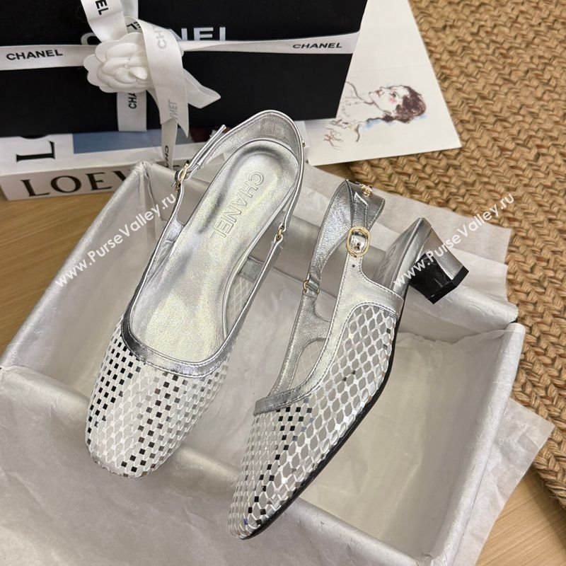 Chanel Fishnet Calfskin Heel Slingback Pumps Silver 2025 CH041510 (MD-250415140)
