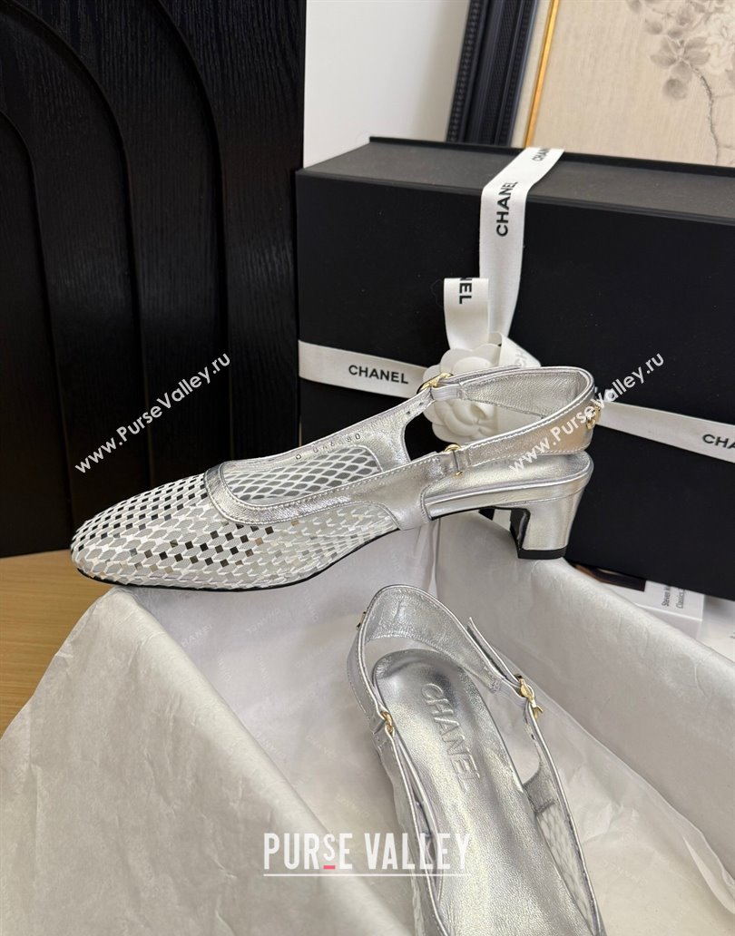 Chanel Fishnet Calfskin Heel Slingback Pumps Silver 2025 CH041510 (MD-250415140)