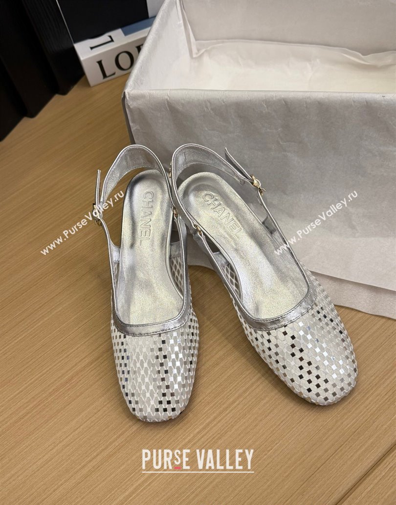 Chanel Fishnet Calfskin Heel Slingback Pumps Silver 2025 CH041510 (MD-250415140)