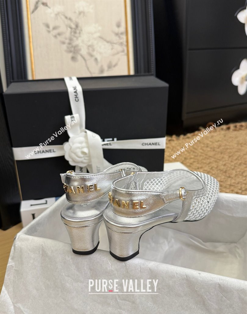 Chanel Fishnet Calfskin Heel Slingback Pumps Silver 2025 CH041510 (MD-250415140)