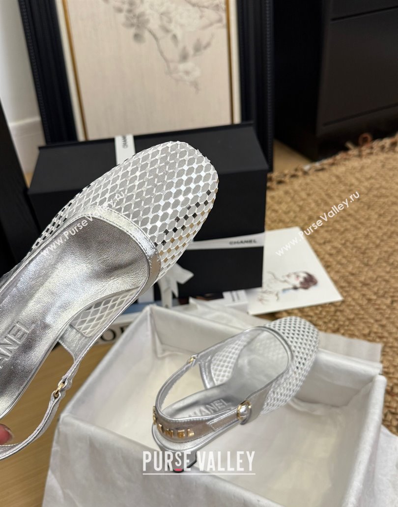 Chanel Fishnet Calfskin Heel Slingback Pumps Silver 2025 CH041510 (MD-250415140)