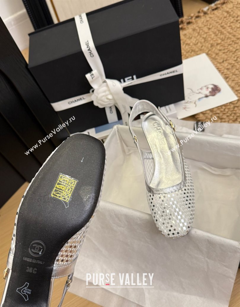 Chanel Fishnet Calfskin Heel Slingback Pumps Silver 2025 CH041510 (MD-250415140)