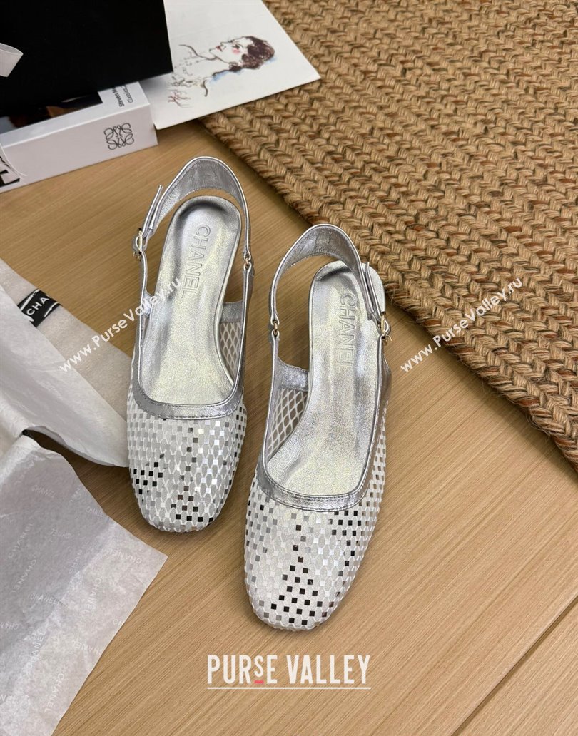 Chanel Fishnet Calfskin Heel Slingback Pumps Silver 2025 CH041510 (MD-250415140)