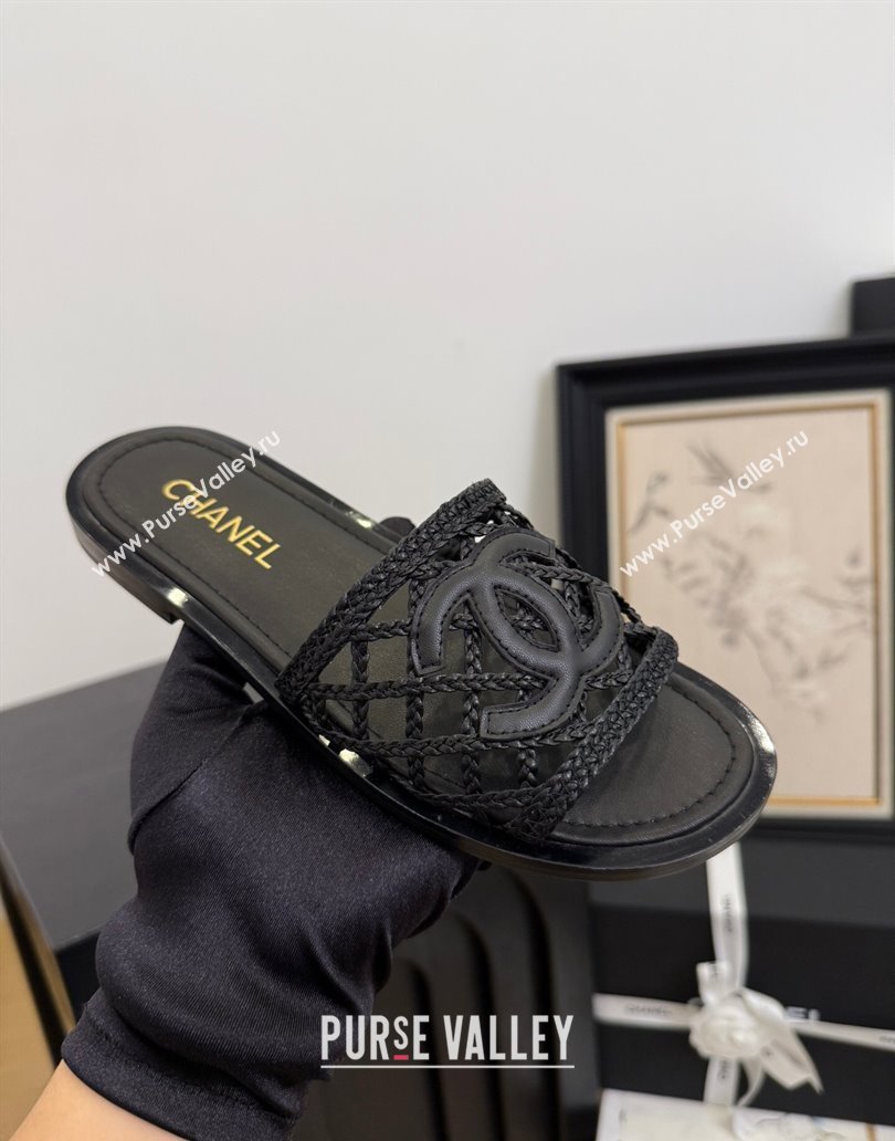 Chanel Calfskin Braided Mesh Flat Slides Sandal Black 2025 CH041511 (MD-250415142)