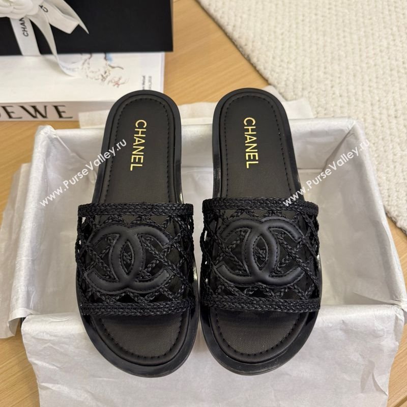 Chanel Calfskin Braided Mesh Flat Slides Sandal Black 2025 CH041511 (MD-250415142)