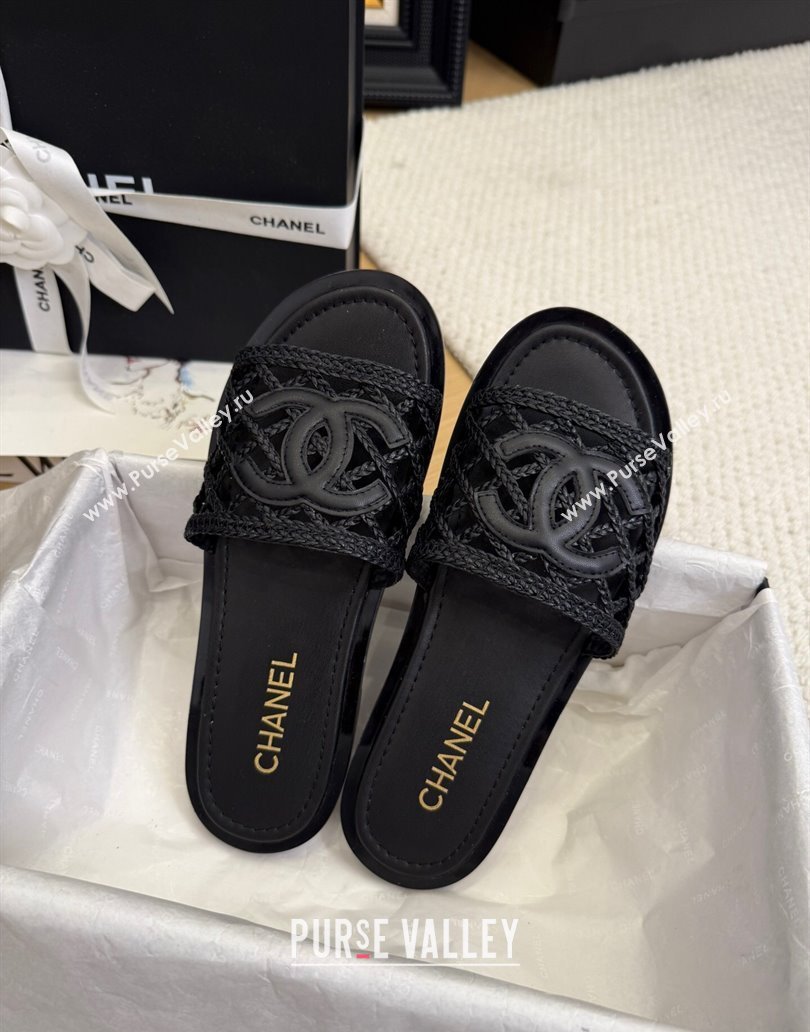 Chanel Calfskin Braided Mesh Flat Slides Sandal Black 2025 CH041511 (MD-250415142)