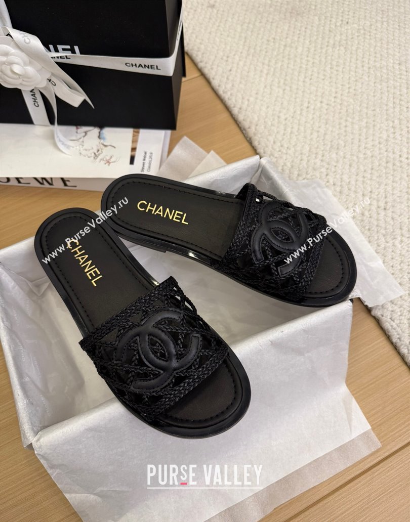 Chanel Calfskin Braided Mesh Flat Slides Sandal Black 2025 CH041511 (MD-250415142)