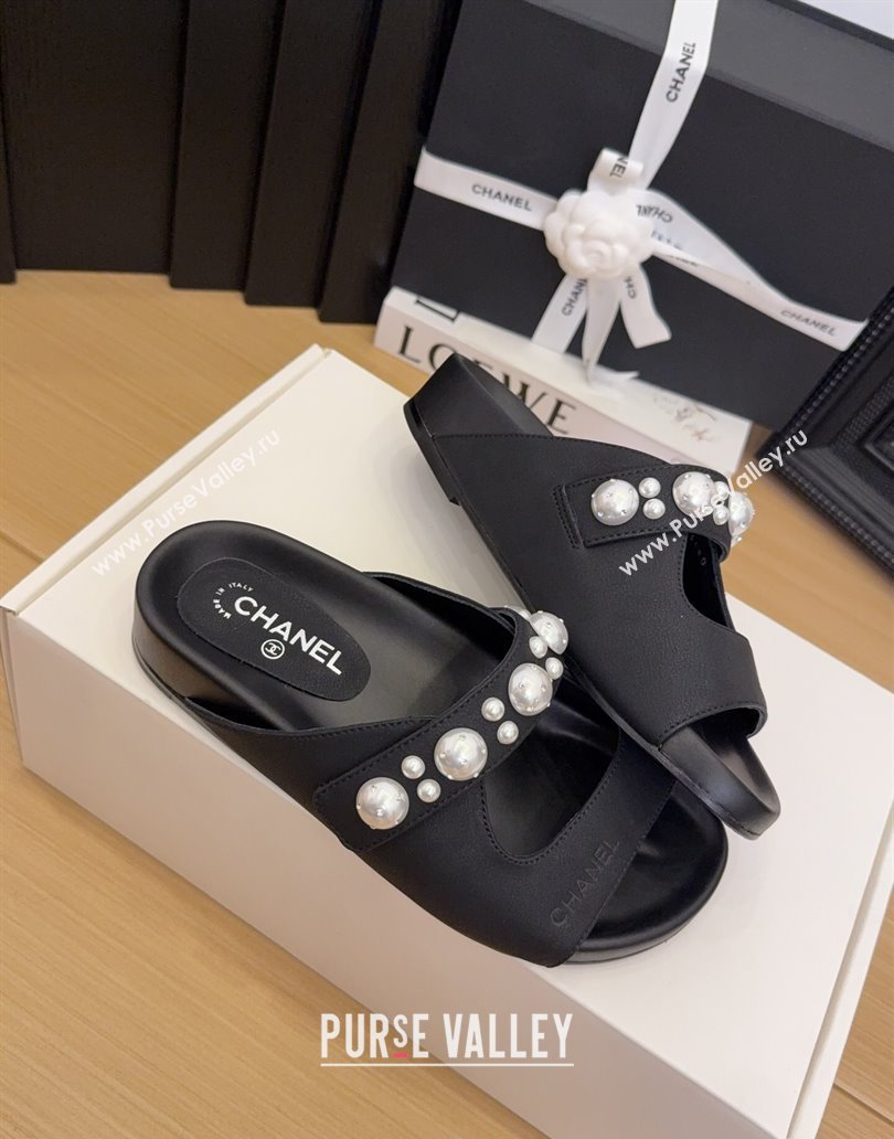 Chanel Calfskin Flat Slides Sandal with Pearls Black 2025 CH041501 (MD-250415018)