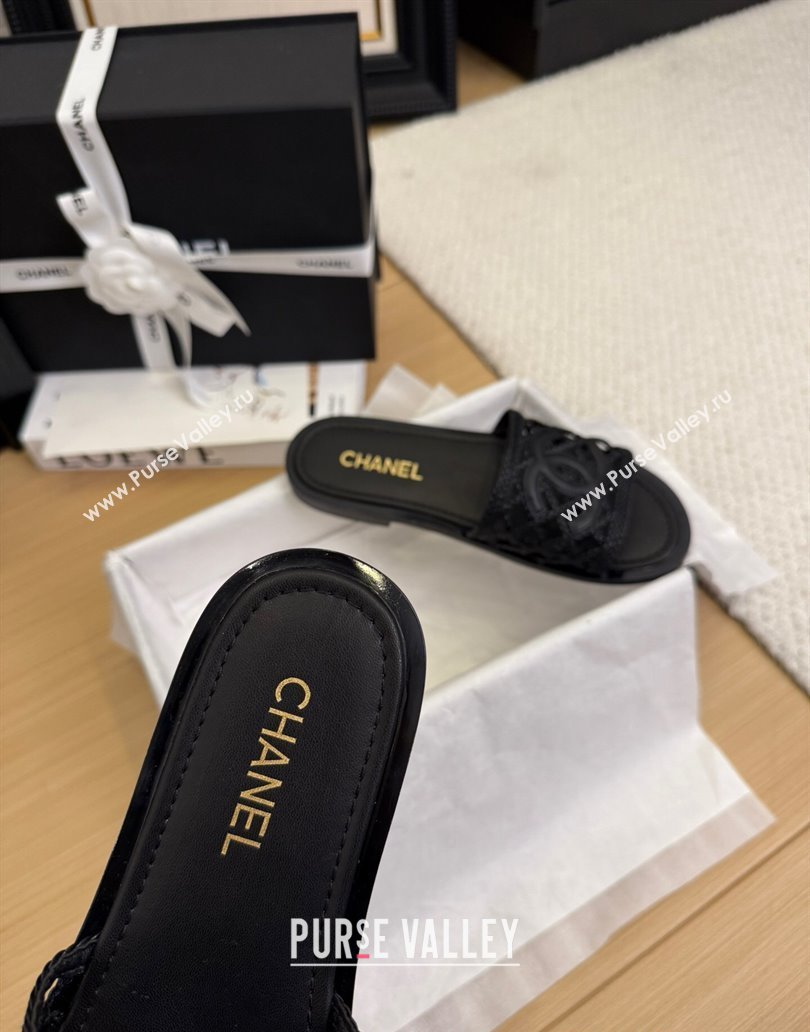 Chanel Calfskin Braided Mesh Flat Slides Sandal Black 2025 CH041511 (MD-250415142)