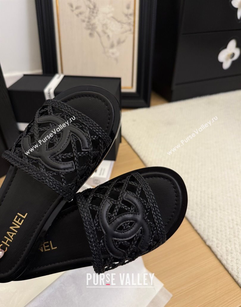 Chanel Calfskin Braided Mesh Flat Slides Sandal Black 2025 CH041511 (MD-250415142)