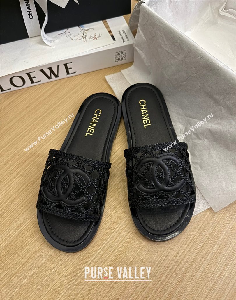 Chanel Calfskin Braided Mesh Flat Slides Sandal Black 2025 CH041511 (MD-250415142)