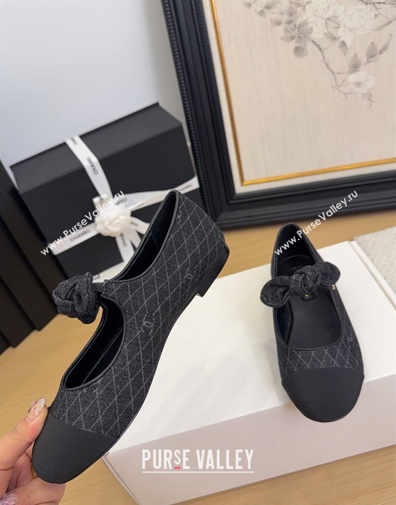 Chanel Quilted Denim Mary Janes Ballet Flats with Knot Bow Black 2025 G46149 (MD-250415001)