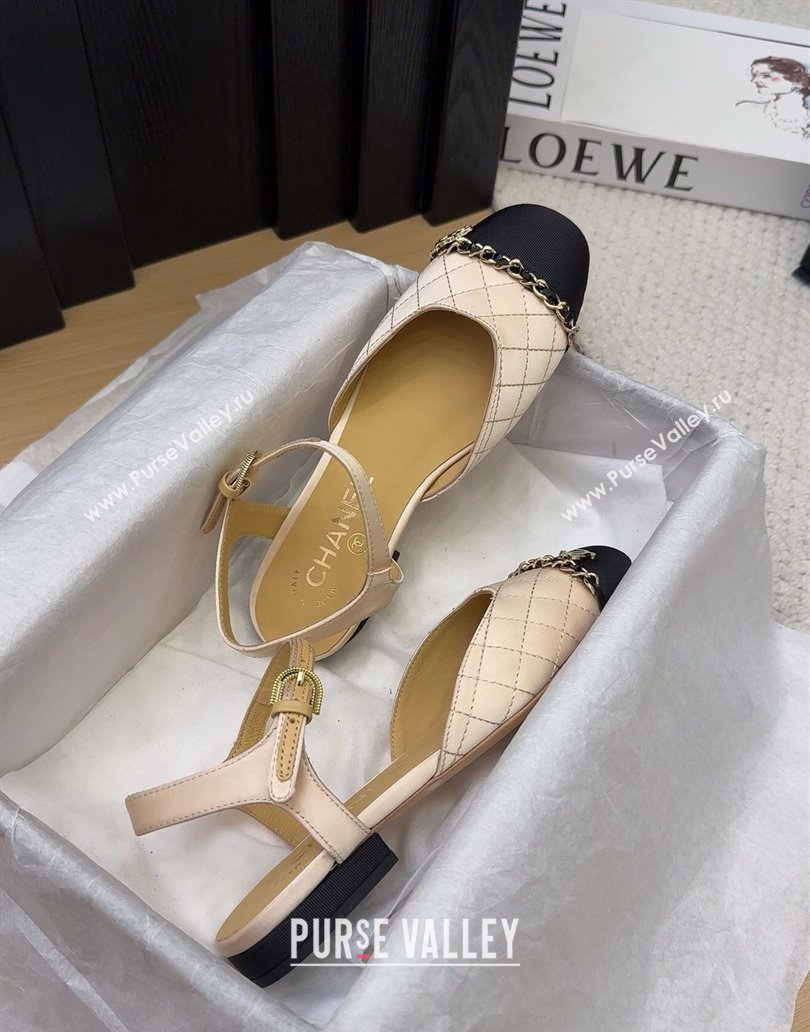 Chanel Quilted Fabric Grosgrain Flat Sandals with Chain Beige 2025 CH041617 (MD-250416115)
