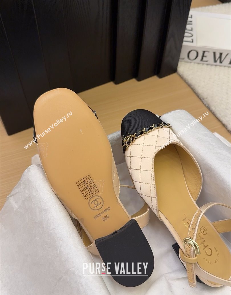 Chanel Quilted Fabric Grosgrain Flat Sandals with Chain Beige 2025 CH041617 (MD-250416115)