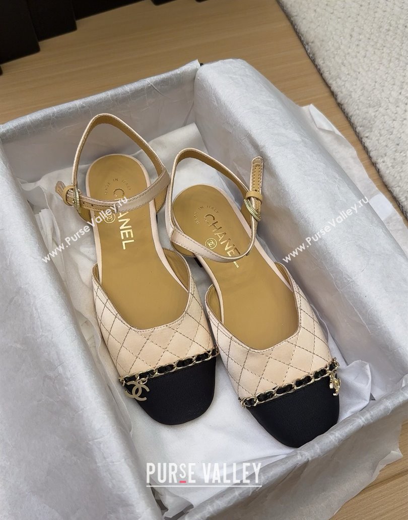 Chanel Quilted Fabric Grosgrain Flat Sandals with Chain Beige 2025 CH041617 (MD-250416115)