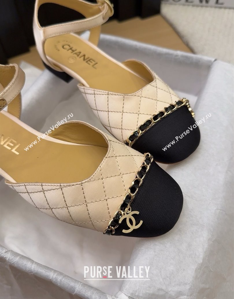 Chanel Quilted Fabric Grosgrain Flat Sandals with Chain Beige 2025 CH041617 (MD-250416115)