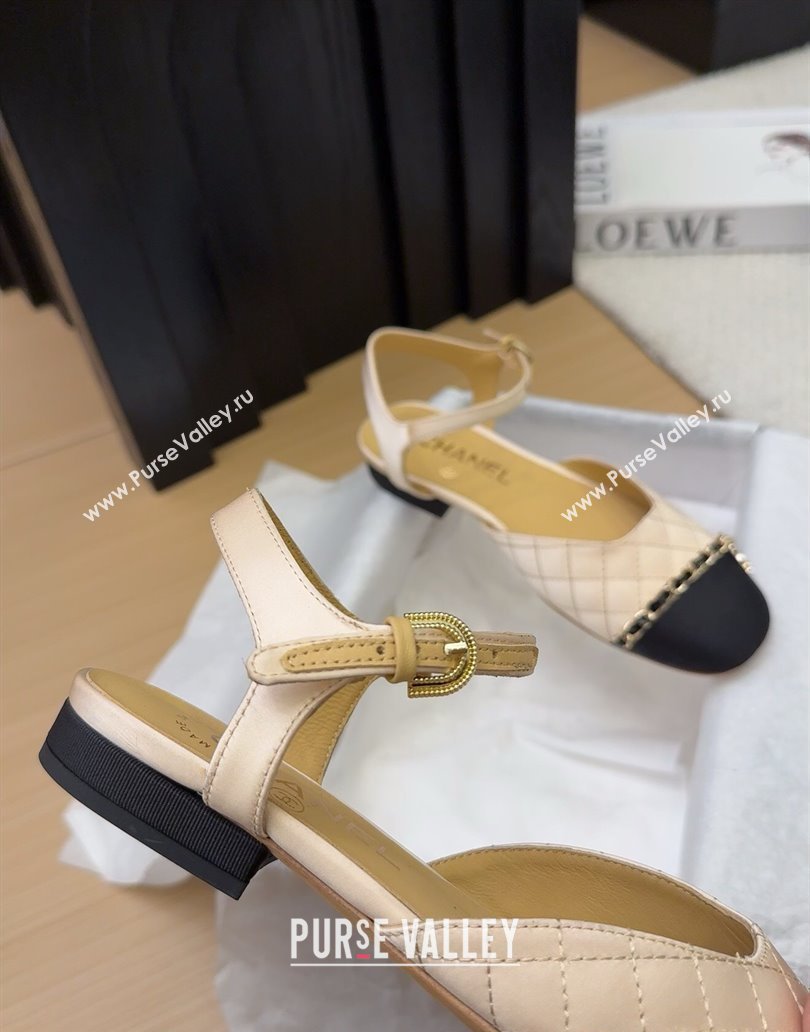 Chanel Quilted Fabric Grosgrain Flat Sandals with Chain Beige 2025 CH041617 (MD-250416115)