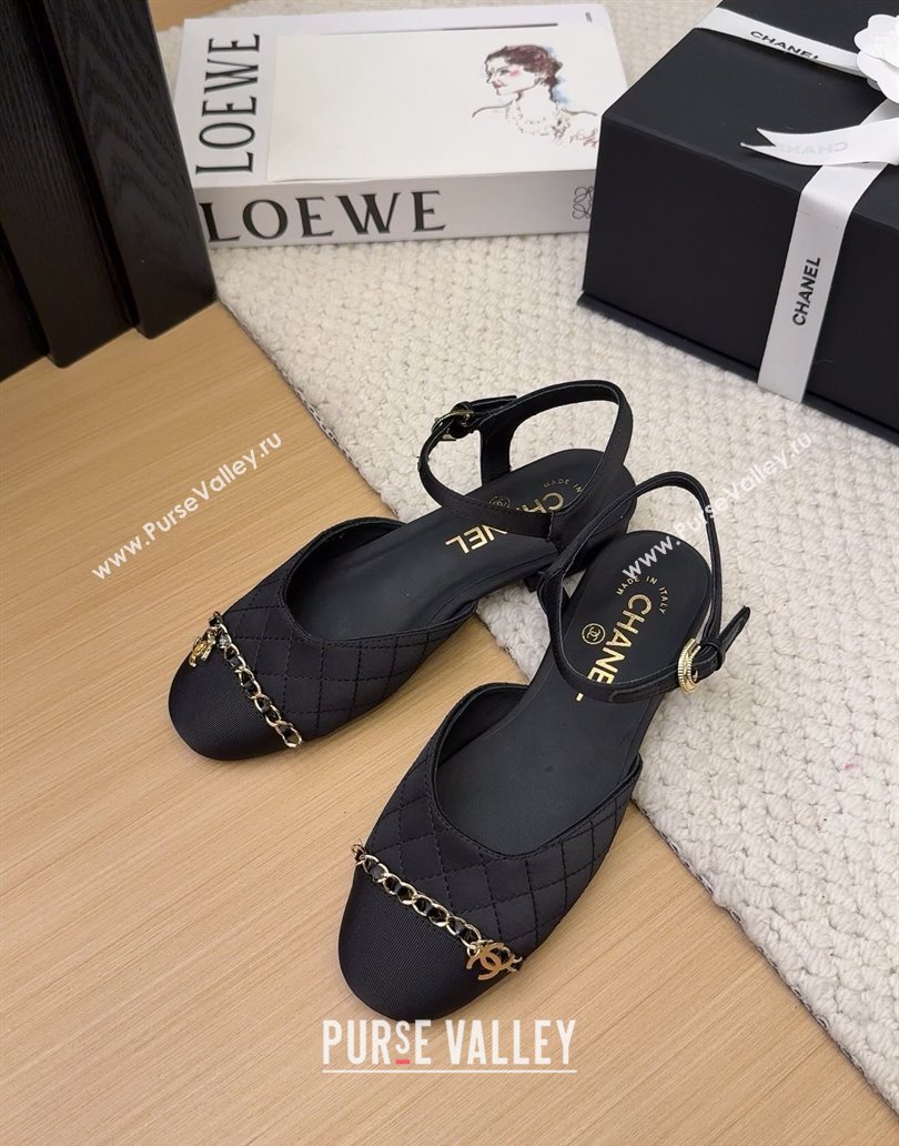 Chanel Quilted Fabric Grosgrain Flat Sandals with Chain Black 2025 CH041617 (MD-250416116)