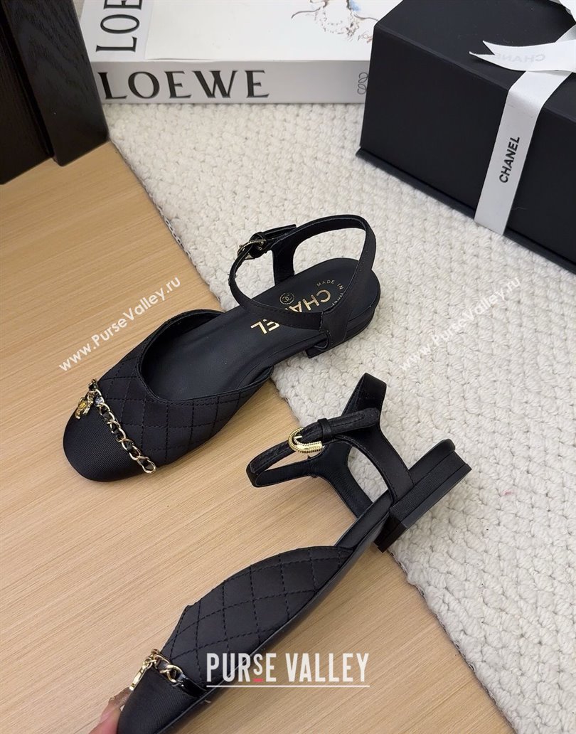 Chanel Quilted Fabric Grosgrain Flat Sandals with Chain Black 2025 CH041617 (MD-250416116)