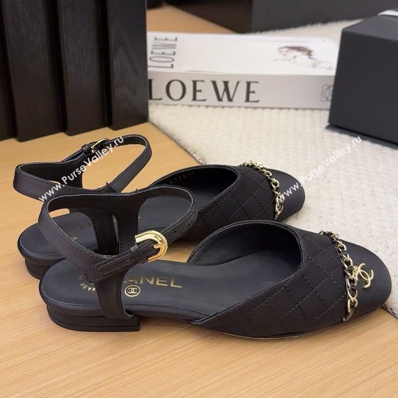 Chanel Quilted Fabric Grosgrain Flat Sandals with Chain Black 2025 CH041617 (MD-250416116)