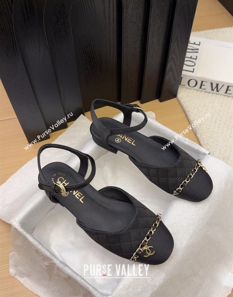 Chanel Quilted Fabric Grosgrain Flat Sandals with Chain Black 2025 CH041617 (MD-250416116)