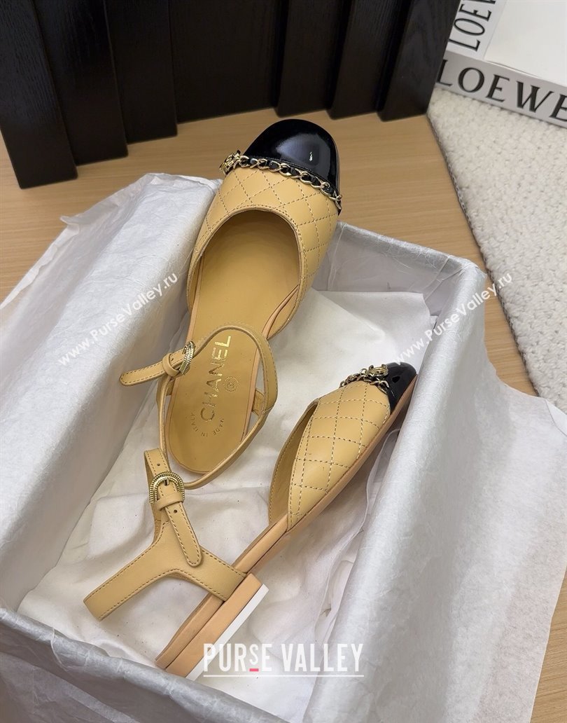 Chanel Quilted Calfskin Patent Flat Sandals with Chain Beige 2025 CH041617 (MD-250416117)