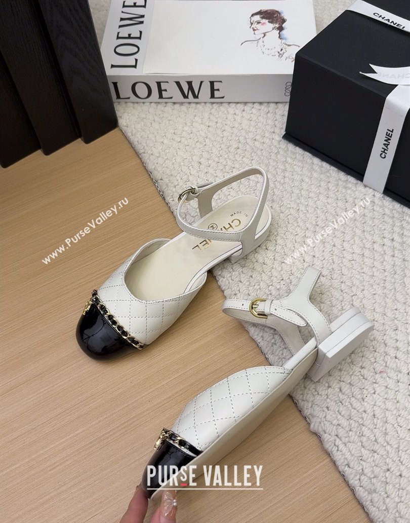 Chanel Quilted Calfskin Patent Flat Sandals with Chain White 2025 CH041617 (MD-250416118)