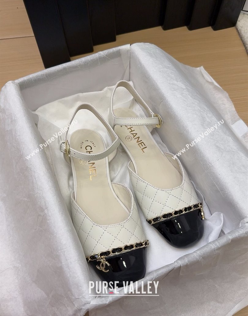 Chanel Quilted Calfskin Patent Flat Sandals with Chain White 2025 CH041617 (MD-250416118)