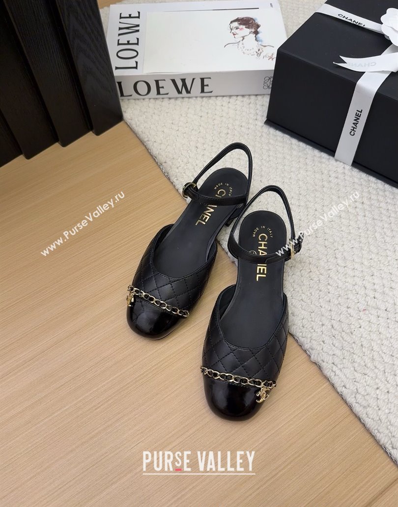 Chanel Quilted Calfskin Patent Flat Sandals with Chain Black 2025 CH041617 (MD-250416119)