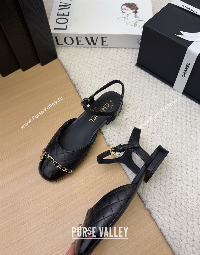 Chanel Quilted Calfskin Patent Flat Sandals with Chain Black 2025 CH041617 (MD-250416119)