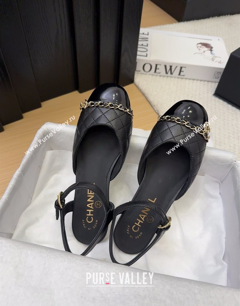 Chanel Quilted Calfskin Patent Flat Sandals with Chain Black 2025 CH041617 (MD-250416119)