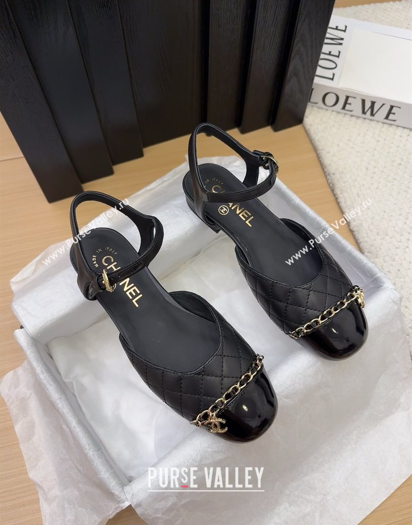 Chanel Quilted Calfskin Patent Flat Sandals with Chain Black 2025 CH041617 (MD-250416119)