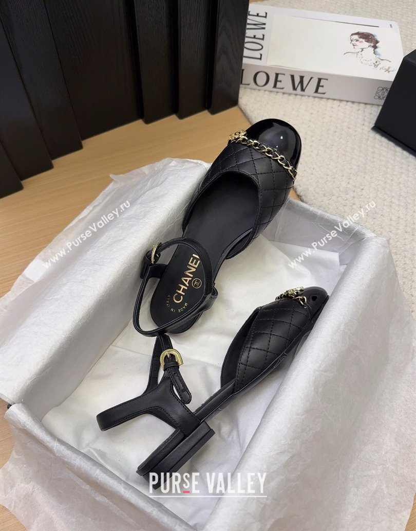 Chanel Quilted Calfskin Patent Flat Sandals with Chain Black 2025 CH041617 (MD-250416119)