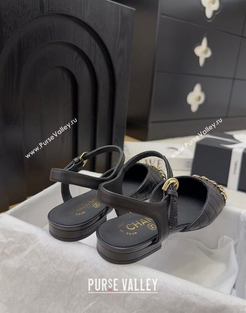 Chanel Quilted Calfskin Patent Flat Sandals with Chain Black 2025 CH041617 (MD-250416119)