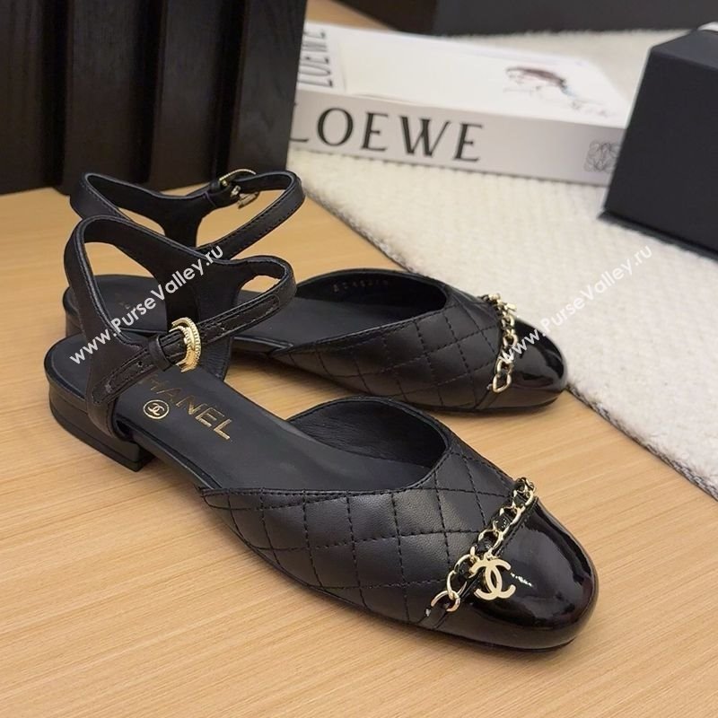 Chanel Quilted Calfskin Patent Flat Sandals with Chain Black 2025 CH041617 (MD-250416119)