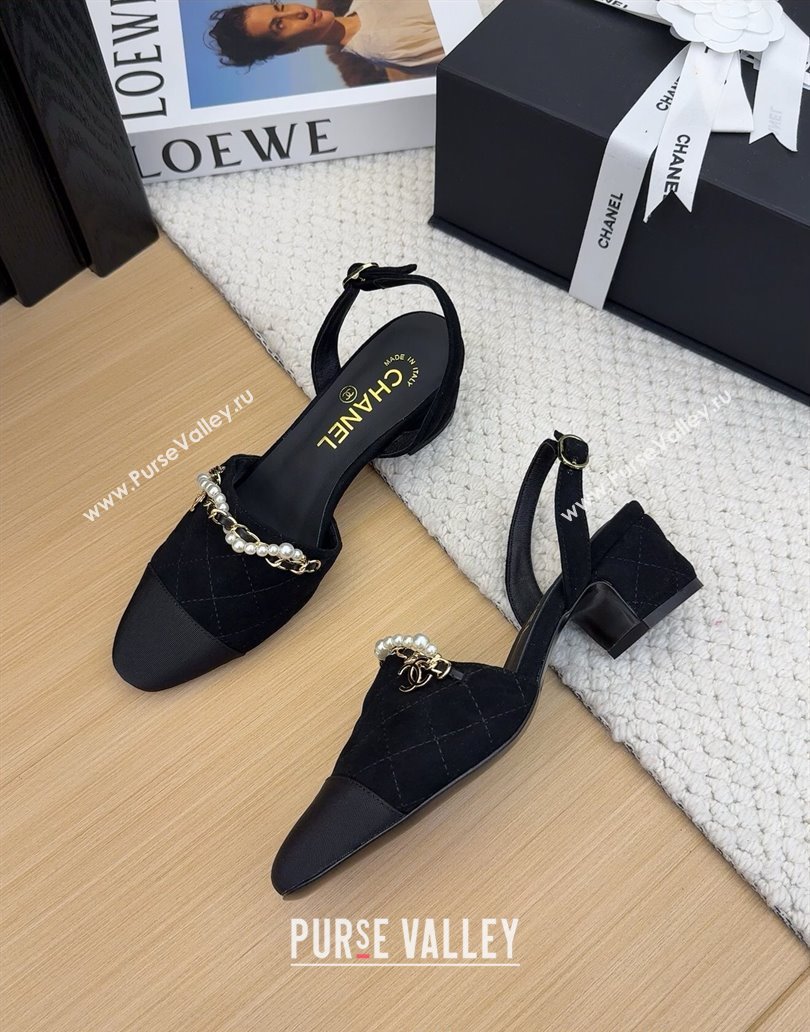 Chanel Suede Slingback Pumps with Chain and Pearls Black 2025 CH041618 (MD-250416120)