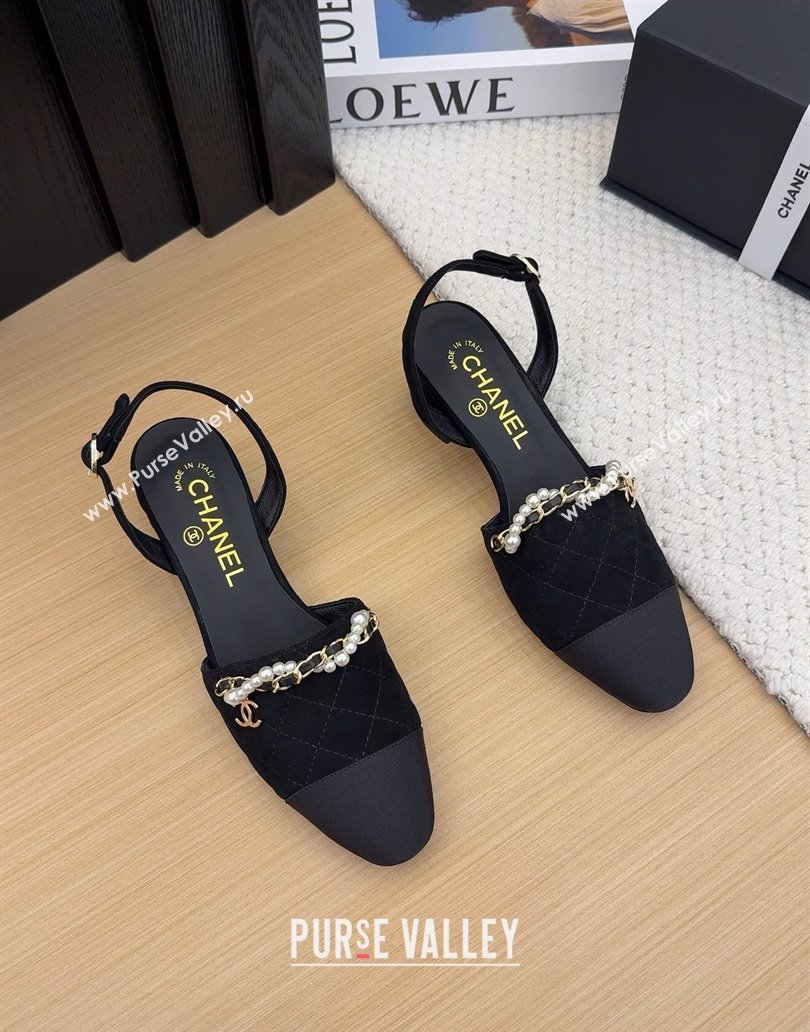 Chanel Suede Slingback Pumps with Chain and Pearls Black 2025 CH041618 (MD-250416120)