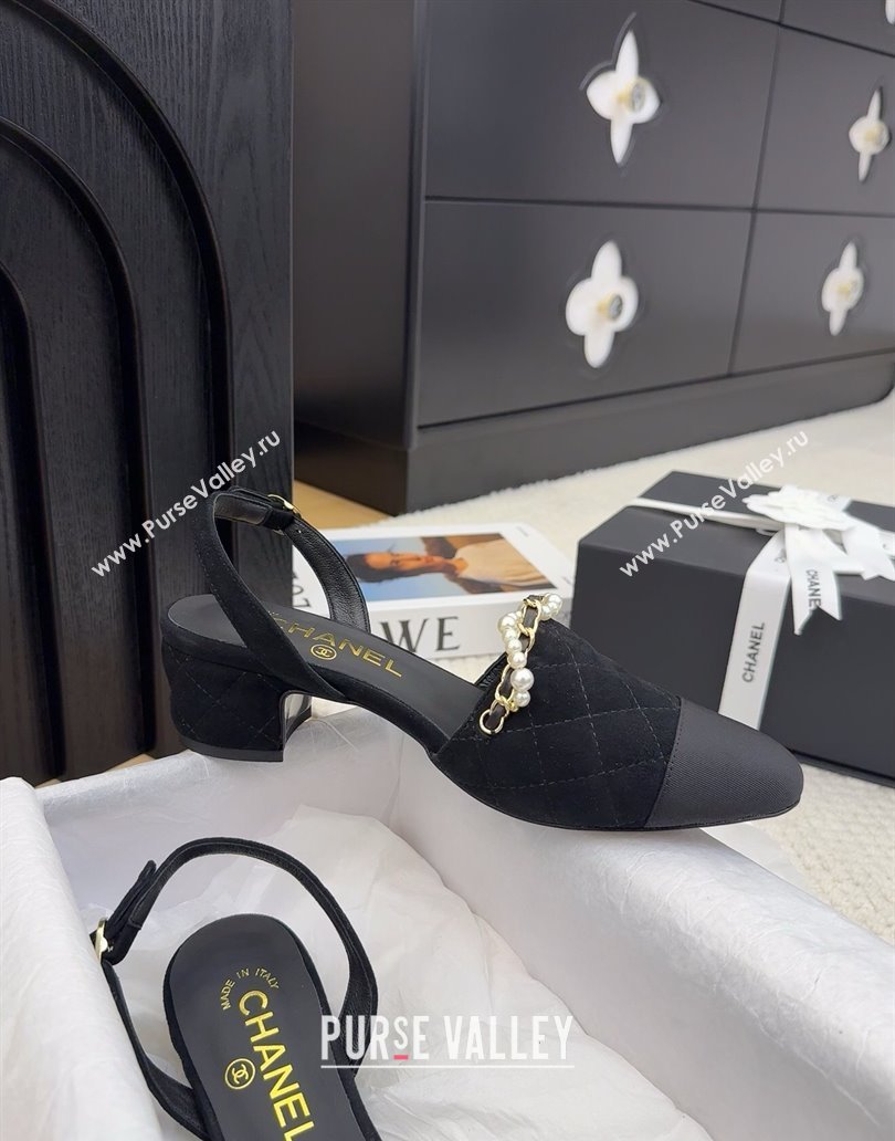 Chanel Suede Slingback Pumps with Chain and Pearls Black 2025 CH041618 (MD-250416120)