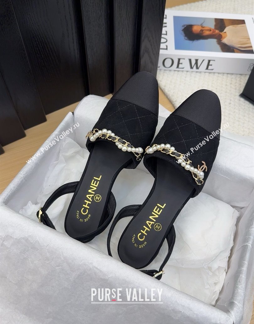 Chanel Suede Slingback Pumps with Chain and Pearls Black 2025 CH041618 (MD-250416120)