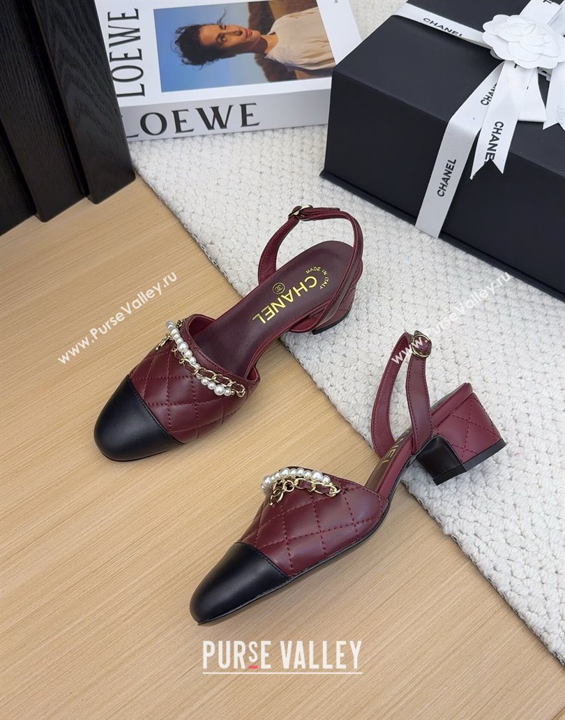 Chanel Lambskin Slingback Pumps with Chain and Pearls Burgundy 2025 CH041618 (MD-250416121)