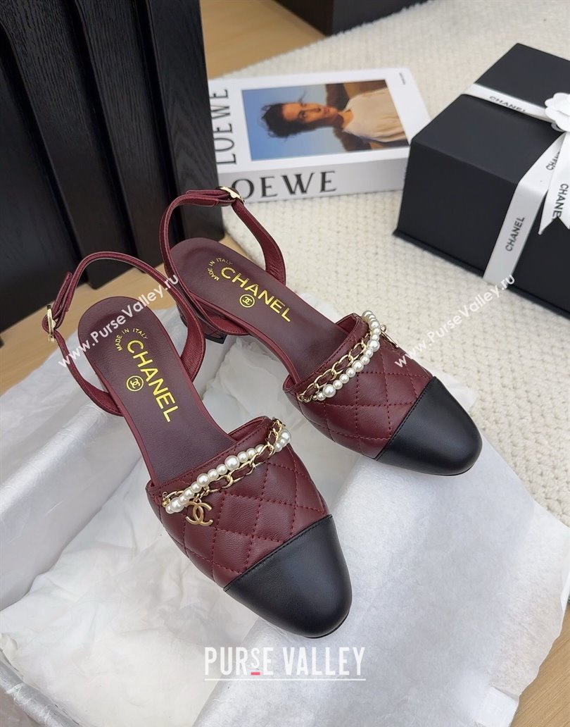 Chanel Lambskin Slingback Pumps with Chain and Pearls Burgundy 2025 CH041618 (MD-250416121)