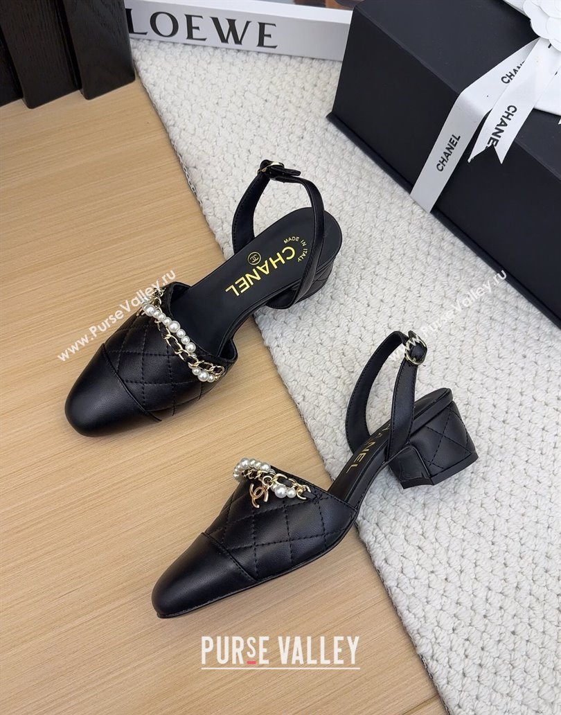 Chanel Lambskin Slingback Pumps with Chain and Pearls Black 2025 CH041618 (MD-250416122)