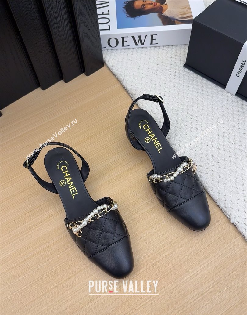 Chanel Lambskin Slingback Pumps with Chain and Pearls Black 2025 CH041618 (MD-250416122)