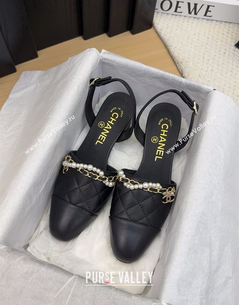 Chanel Lambskin Slingback Pumps with Chain and Pearls Black 2025 CH041618 (MD-250416122)