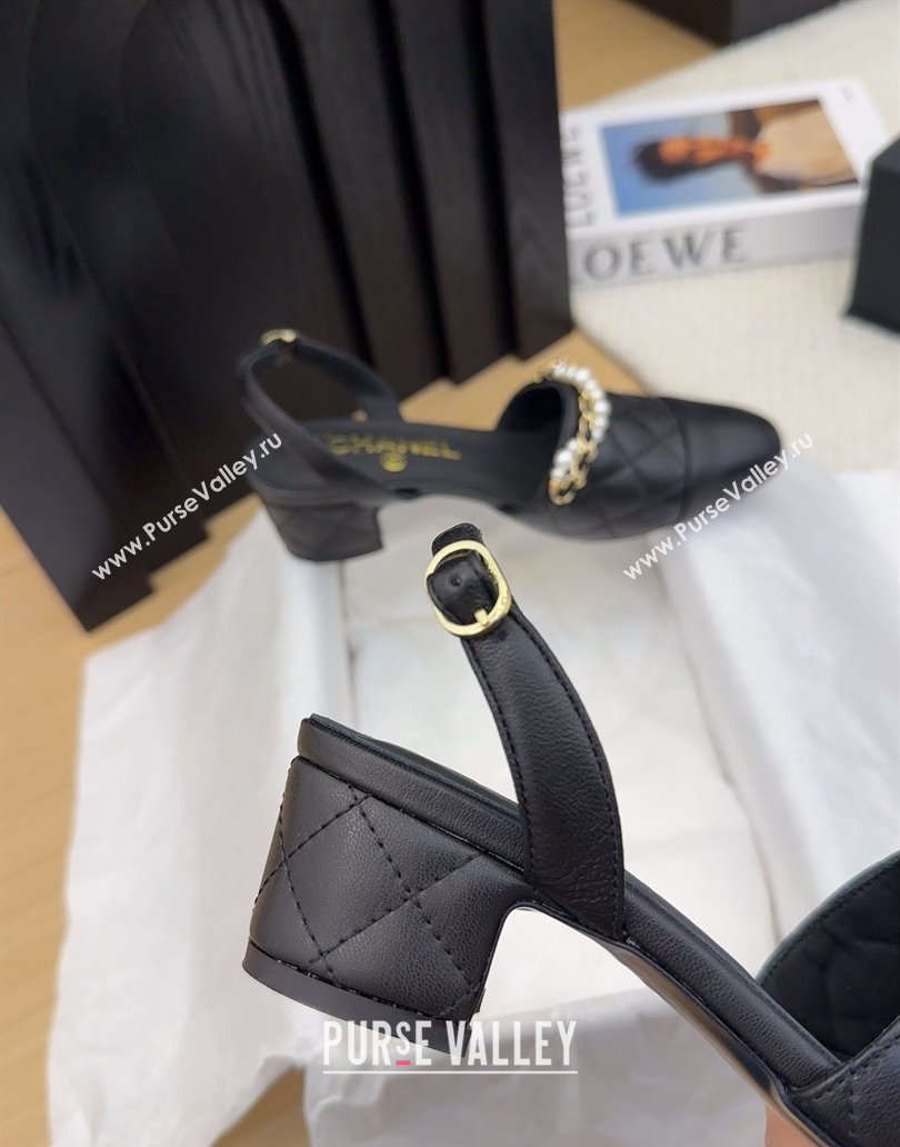 Chanel Lambskin Slingback Pumps with Chain and Pearls Black 2025 CH041618 (MD-250416122)